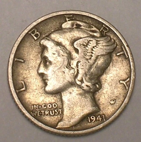 1941 S Mercury Winged Head Dime 10 Cents Silver Coin VF+