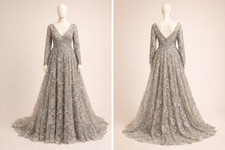 Mac Duggal 20214D Long Sleeve Embroidered Lace Evening Gown V‑Neck Formal Dress