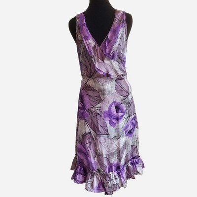 Intrend by Max Mara Sheer Silk Purple Floral Wrap Midi Dress Size 10 Cocktail