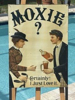ANTIQUE MOXIE LITHO ORIGINAL FRAMED EMBOSSED TIN SIGN OF A COUPLE w/ BICYCLE