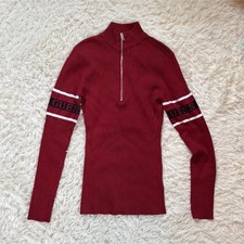 GUESS Ribbed Knit 1/4 Zip Logo Mock Neck Pullover Sweater Red XS