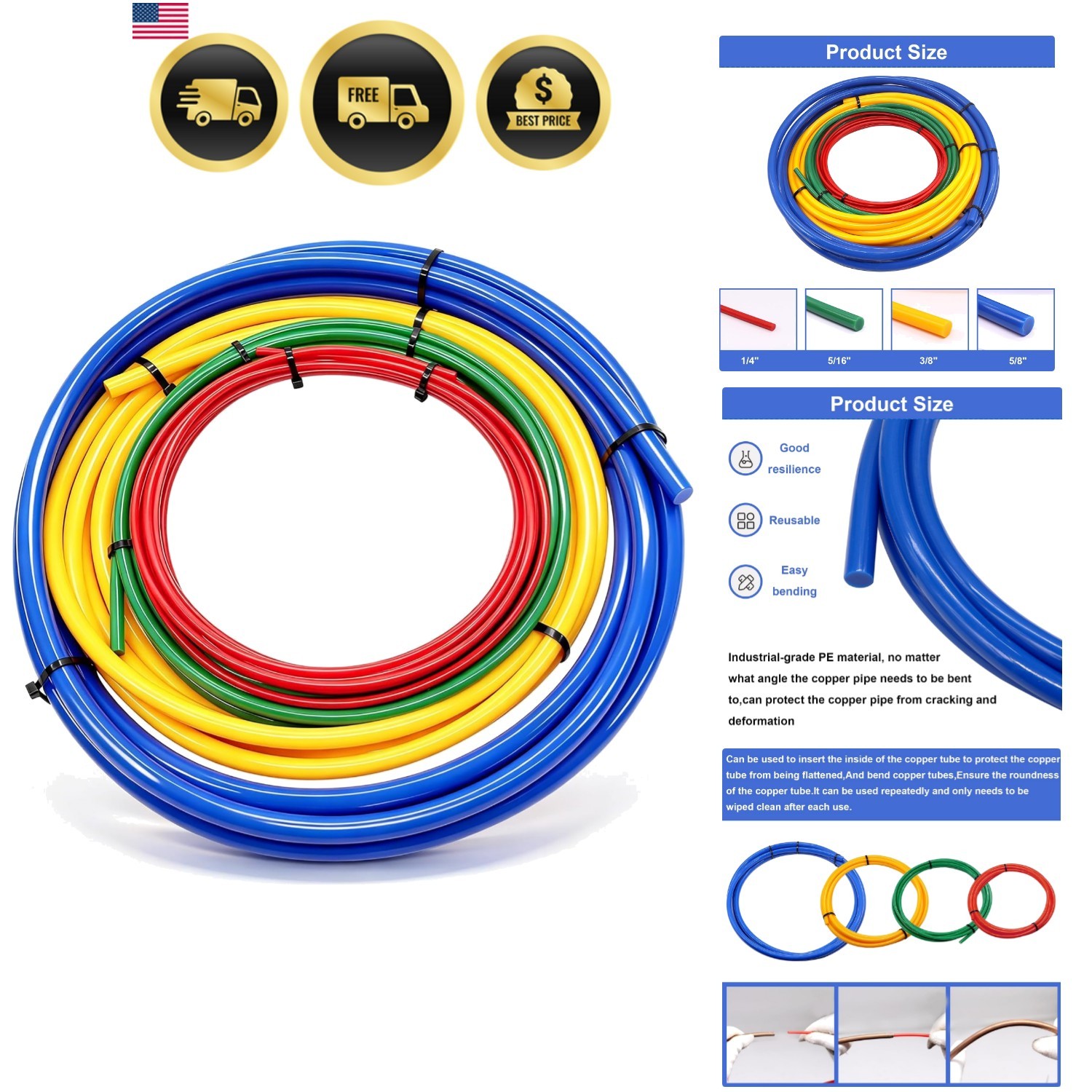 4Pcs Conditioning Copper Tubing Pipe Extension 4M, 1/4" 1/2" 3/8" 5/8" Built-...