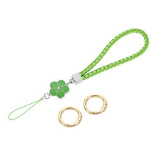 Wristlet Lanyard, 4.7" Leather Keychain Strap with Flower Charm, Green