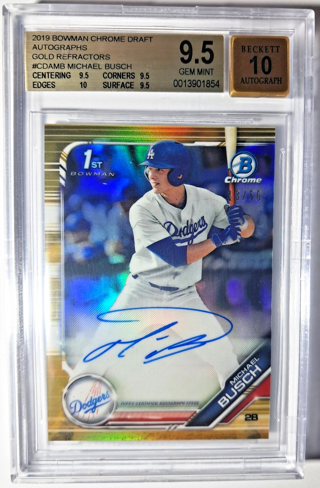 2019 MICHAEL BUSCH 1ST BOWMAN CHROME DRAFT AUTO GOLD REFRACTOR #13/50 BGS 9.5/10