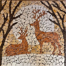 Rosone di 2 CERVI a Mosaico di marmo su rete Anticato Invecchiato 60X60X1 cm