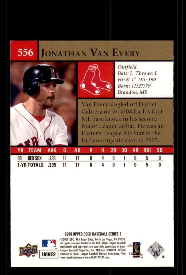 Signed Baseball Card Auto Jonathan Van Every 2009 Upper Deck #556 Boston Red Sox - Image 2 of 2