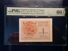 YUGOSLAVIA 1 DINAR / 4 KRUNE 1919 PMG 66 EPQ