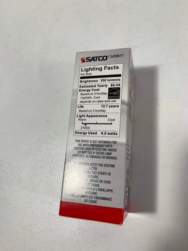 Satco 4.5w B10 Candle LED Filament E12 Candelabra Base 350lm 2700k Dimmable Bulb - Picture 2 of 3