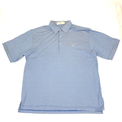 blue and white striped golf shirt