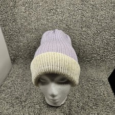 Handmade Knit Beanie Hat Toque Toboggan M/L White/Lilac Warm Winter Stretch