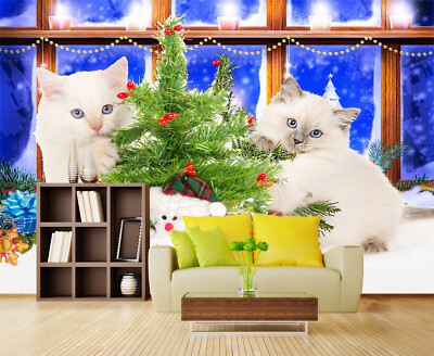 3D White Cat A563 Animal Wallpaper Mural Self-adhesive Removable Zoe