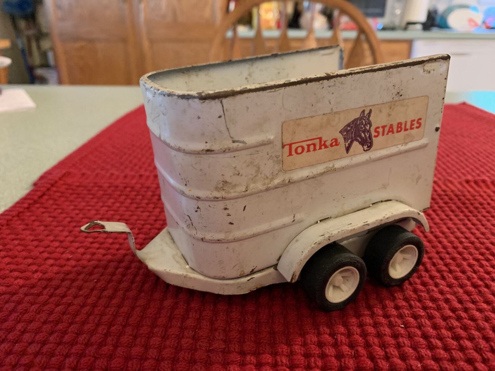 Tonka Stables Pressed Steel Horse Trailer Original White Paint 6" Long