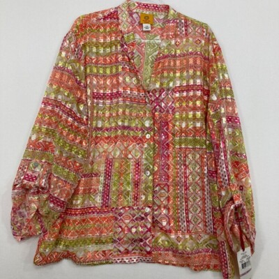 New Ruby Rd. size 22W Green Pink Colorful Artsy Textured Rolled Tab Button Down
