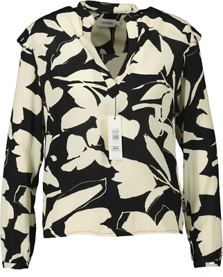 NEU! Calvin Klein Damen Langarm Bluse schwarzem Blumenprint macadamia Gr. 36