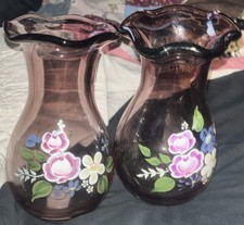 Lot Of 2 Purple Amethyst Glass Vase Ruffle Art Hand Painted Vases Fenton
