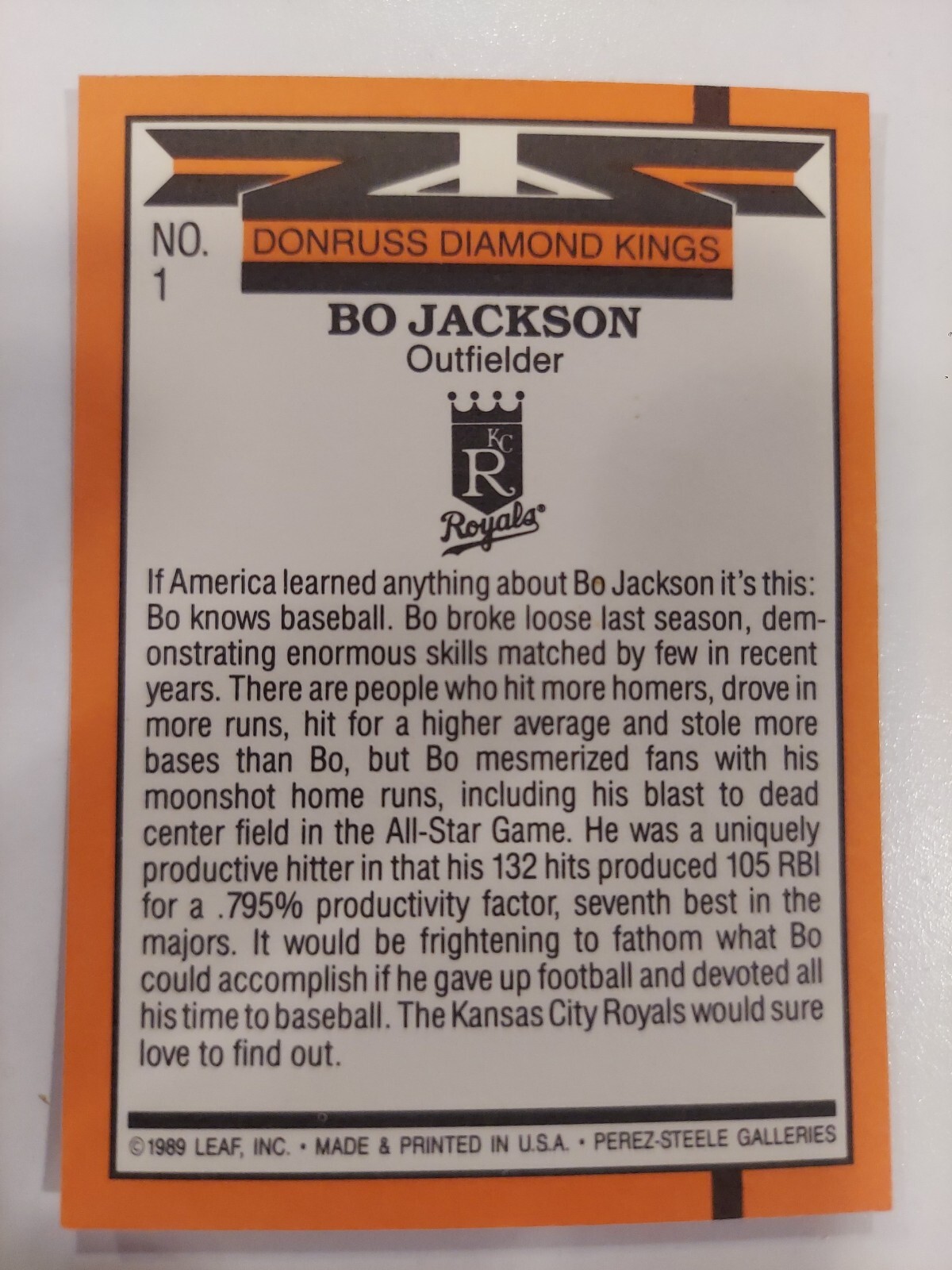 1990 Donruss Bo Jackson Diamond Kings 1 Baseball Card Kansas City MO