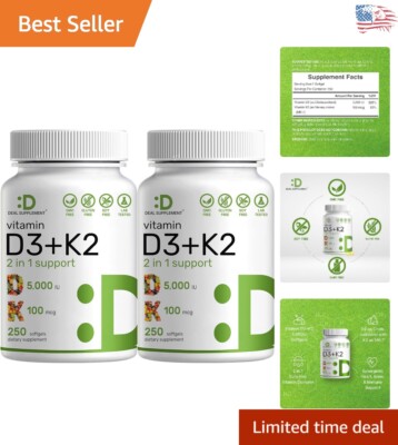 Heart, Bone & Teeth Health Vitamin D3 K2 Softgel 2-Pack, 5000IU & 100mcg