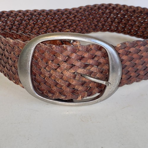 Vintage Dark Brown Woven Braided Leather Wide Belt Large Sterling Silver Buckle - Picture 3 of 12