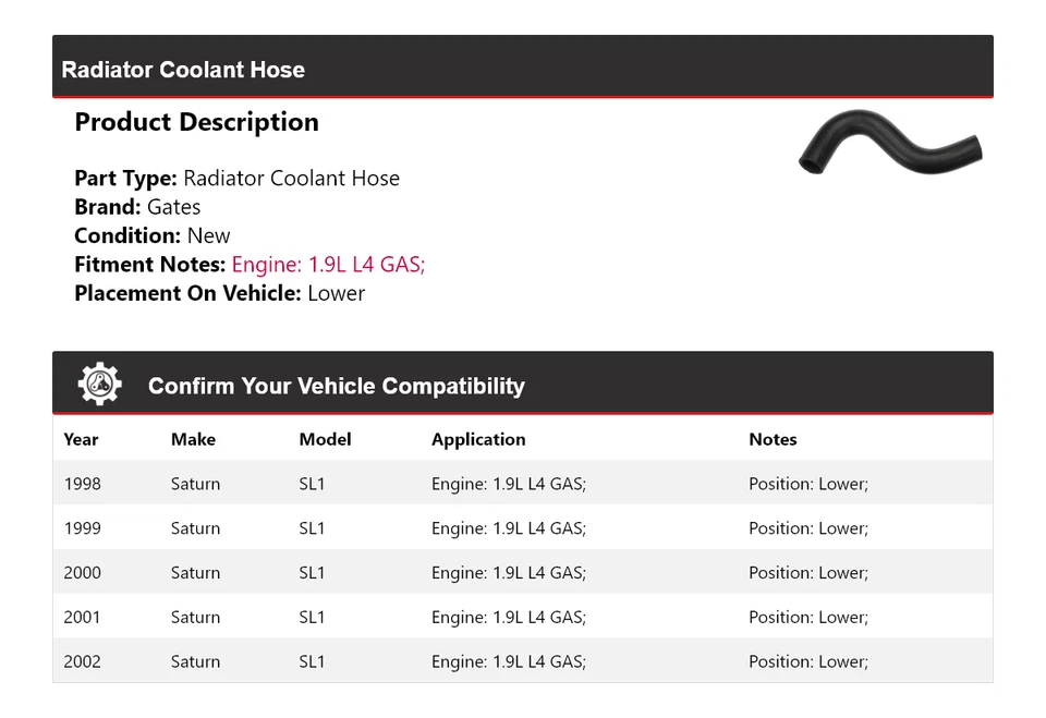 Manguera de refrigerante de radiador de gas Saturn SL1 1998-2002 1,9 L L4 puertas inferiores 1999 2000 Foto 2 de 4