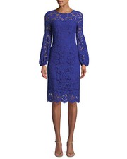 $698 Elie Tahari Women'S Blue Floral Lace Blouson-Sleeeve Sheath Dress Size 0