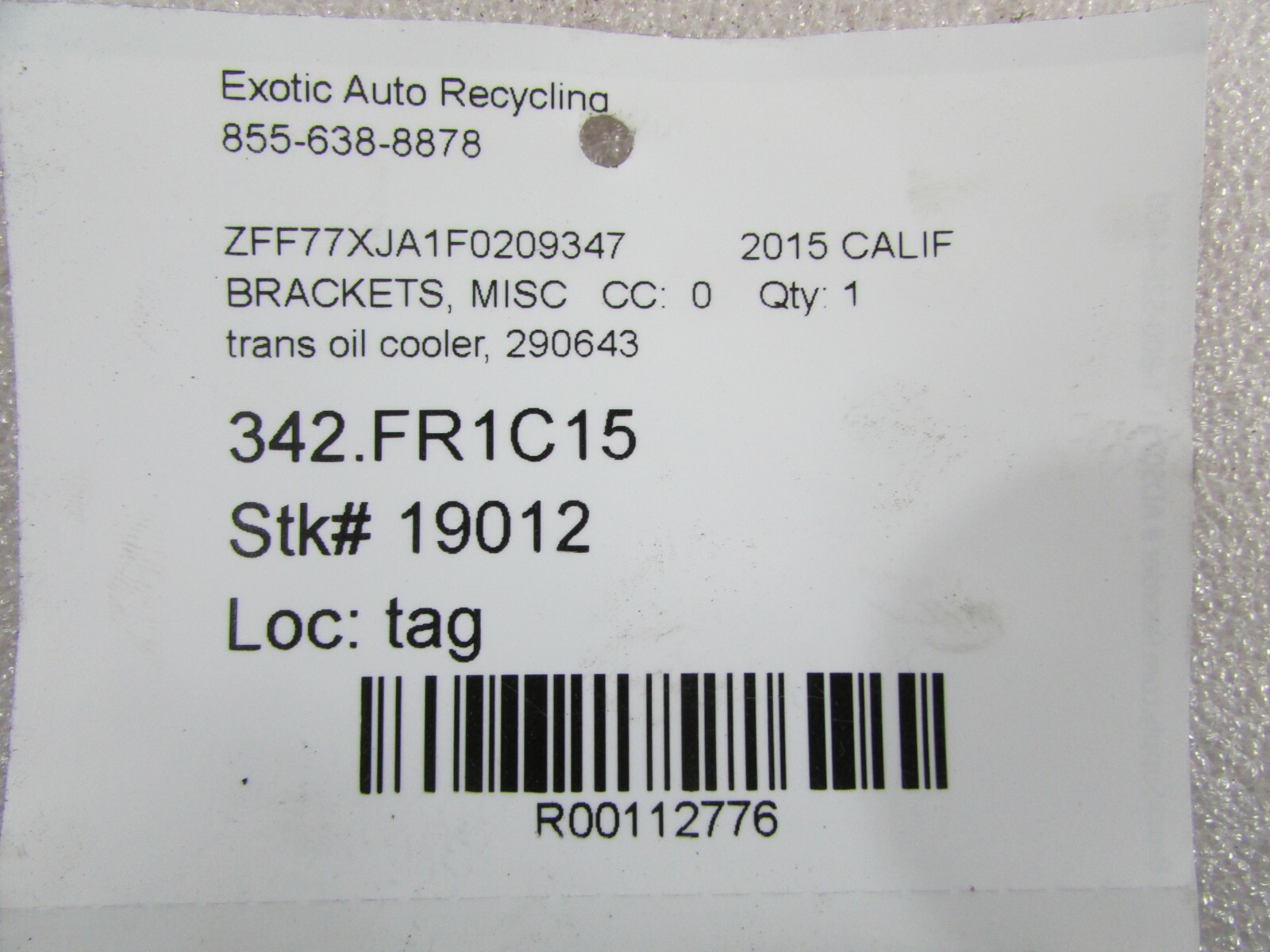 Ferrari California, Transmission Heat Exchanger Mount, Used, P/N 290643