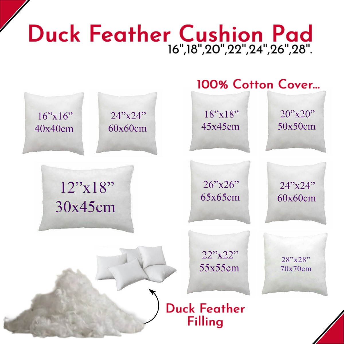Duck Feather&Down Cushion Pads Inner Inserts Scatter Cushions 16