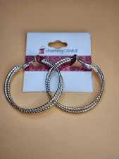 CHARMING CHARLIE Signed Silver Tone Textured Hoop Earrings FREE $HIPPING!!