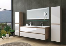 Doppelwaschtisch Eiche / Weiß Hochglanz Doppel Waschbecken Badmöbel Set Led 120