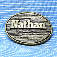 Nathan Dress Belt Buckle Carved Name Faux Wood Inlay Vtg 80s Oden USA  .TYC295