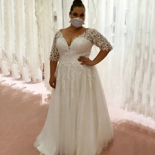 Plus Size V Neck Half Sleeve Wedding Dresses A Line Bohemian Beach Bridal Gowns