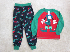 Christmas Elf Holiday Pajama Kid Boy XS 4/5 Sleep Long Sleeve Tee Fleece Pant