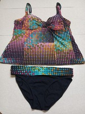 Captiva Tankini Swim Set XL D Cup Top Size Large Bottom Black Polka Dots Padded