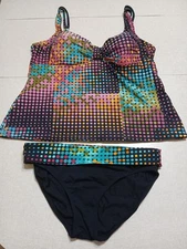 Captiva Tankini Swim Set XL D Cup Top Size Large Bottom Black Polka Dots Padded