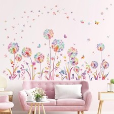 Colorful Dandelion Flower Wall Decals Flying Floral Butterfly Wall Stickers