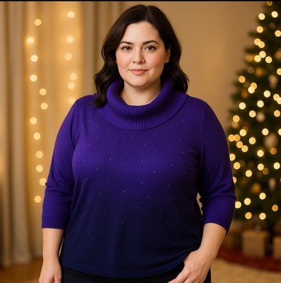Essentials Women s 1X Purple Ombre Rhinestone Cowl Neck Sweater 3/4 Sleeve 