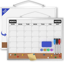 Monthly Calendar Dry Erase Board 16X12 Inch, Double-Sided Whiteboard and Corkboa