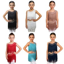 Kids Girls Tassel Modern Outfit Latin Set Fringe Dancewear Salsa Uniform Tango