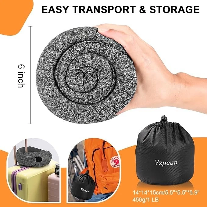 Hooded Memory Foam Travel Pillow for Airplane in Dark Gray