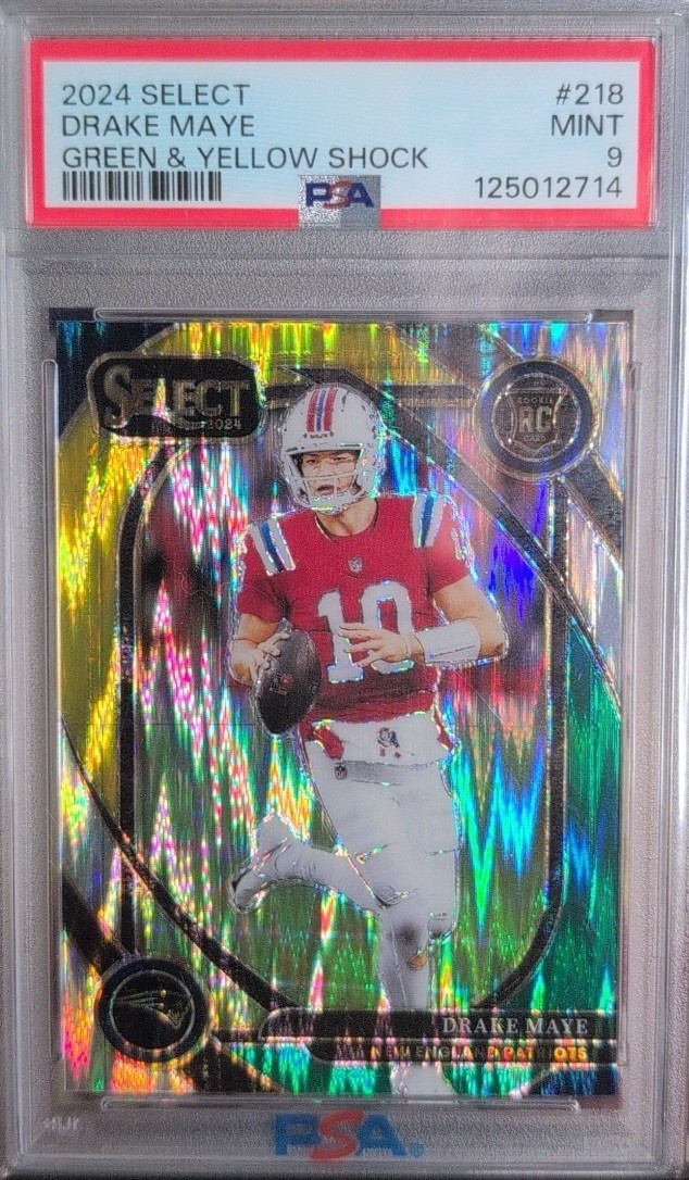 2024 Panini Select - Club Level Drake Maye Green & Yellow Shock Prizm RC PSA 9