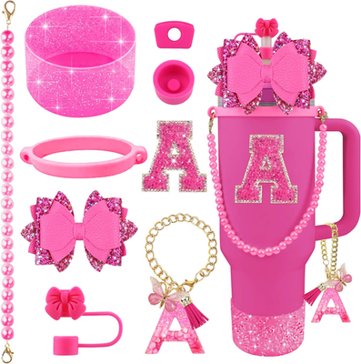 #ad 9PCS Hot Pink for Stanley Cup Accessories Set Bling Initials Bow Charms for Stan $15.85