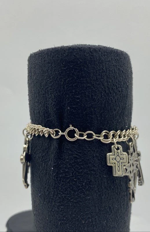 Pulsera de plata de ley .925 con múltiples dije de cruz doble cadena 23,8 g Foto 2 de 4