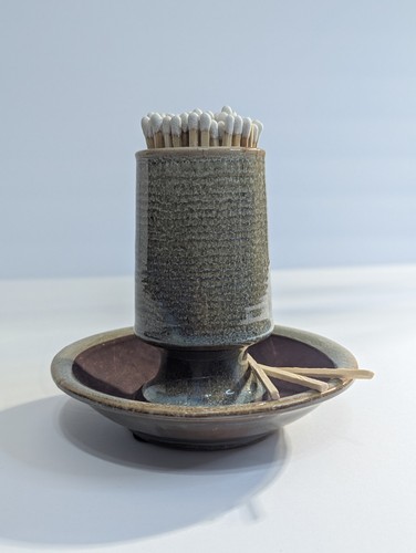 Stoneware Match Holder With grey glaze and a striker plate