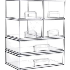 Stackable Storage Drawers Set of 6, Clear Plastic Organizer Bins for Bathroom...