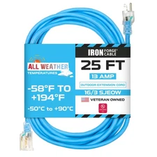 25 Ft All Weather Extension Cord - 16/3 SJEOW Lighted Outdoor Electrical Cable