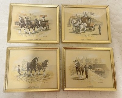 VINTAGE SET OF FOUR SEEREY LESTER WORKING HORSES BRASS FRAMED PRINTS