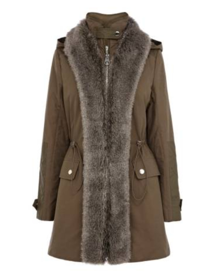 KAREN MILLEN Khaki Posh Parker Faux Fur Trim Coat… - image 2