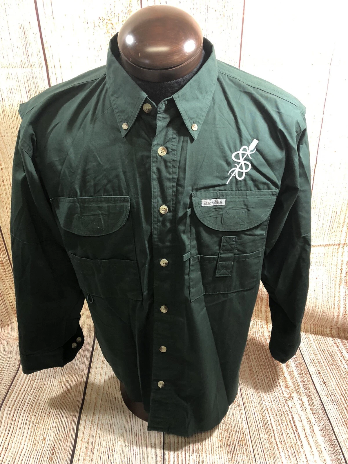 Mens TIGER HILL LS BF SMALL Green Cotton Blend Fishing shirt