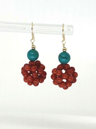 14k Yellow Gold Red Coral and Turquoise Cluster Drop Dangle Earrings - Picture 2 of 5