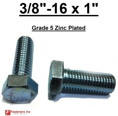 3/8-16 x 1'' (FT) Hex Bolt Zinc Plated Grade 5 Cap Screw Coarse Thread