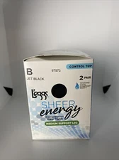 2-Pair L'eggs Sheer Energy Size B 97973 Control Top Medium Support • JET BLACK